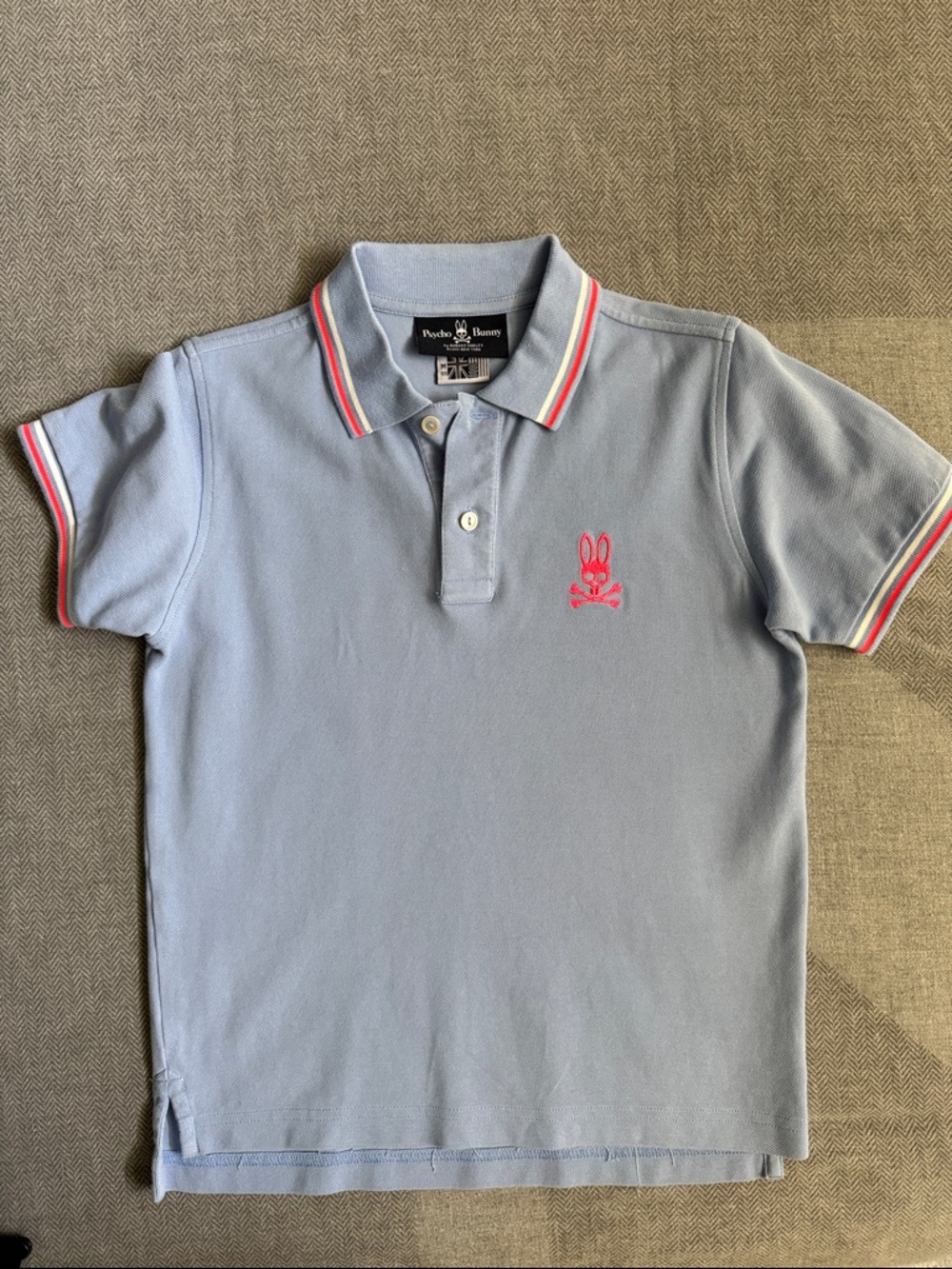 Psycho Bunny Kids Light Blue Polo with Pink Logo and Stripe Trim Medium